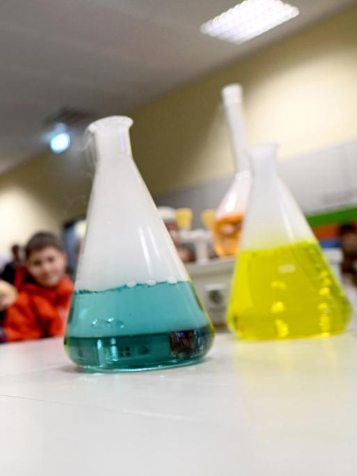 Mehrere Erlenmeyerkolben mit gefärbtem Wasser und Trockeneiswürfeln stehen auf einem Tisch im Chemieraum einer Schule. 