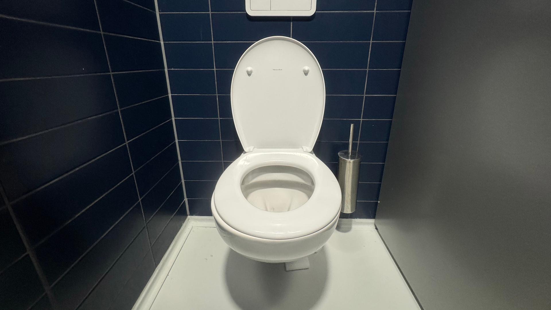 Eine Kloschüssel in einer Toilette mit offenem Deckel Eine Kloschüssel in einer Toilette mit offenem Deckel