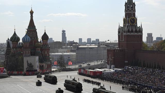 Blick von oben auf die Millitärparade. Man sieht ballistische Raketen und Soldaten.