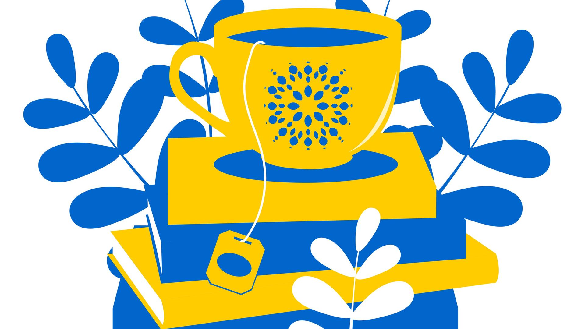 Lesezeit! Das soll diese Illustration aussagen. Auf einem Stapel Bücher steht eine gelbe Teetasse mit blauem Muster. Aus der Tasse hängt ein Faden mit dem Schildchen eines Teebeutels. Der Bücherstapel besteht aus abwechselnd gelben und blauen Büchern. Im Hintergrund sind stilisierte Zweige mit Blättern gesehen. 