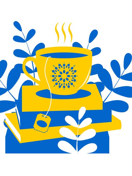 Lesezeit! Das soll diese Illustration aussagen. Auf einem Stapel Bücher steht eine gelbe Teetasse mit blauem Muster. Aus der Tasse hängt ein Faden mit dem Schildchen eines Teebeutels. Der Bücherstapel besteht aus abwechselnd gelben und blauen Büchern. Im Hintergrund sind stilisierte Zweige mit Blättern gesehen. 