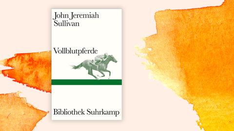 Das Cover des Buches von John Jeremiah Sullivan, "Vollblutpferde" auf orange-weißem Hintergrund. Das Cover zeigt neben dem Namen des Autors und dem Titel in der Mitte einen grünen Streifen, darüber ein Foto eines Reiters auf einem galoppierendem Pferd.