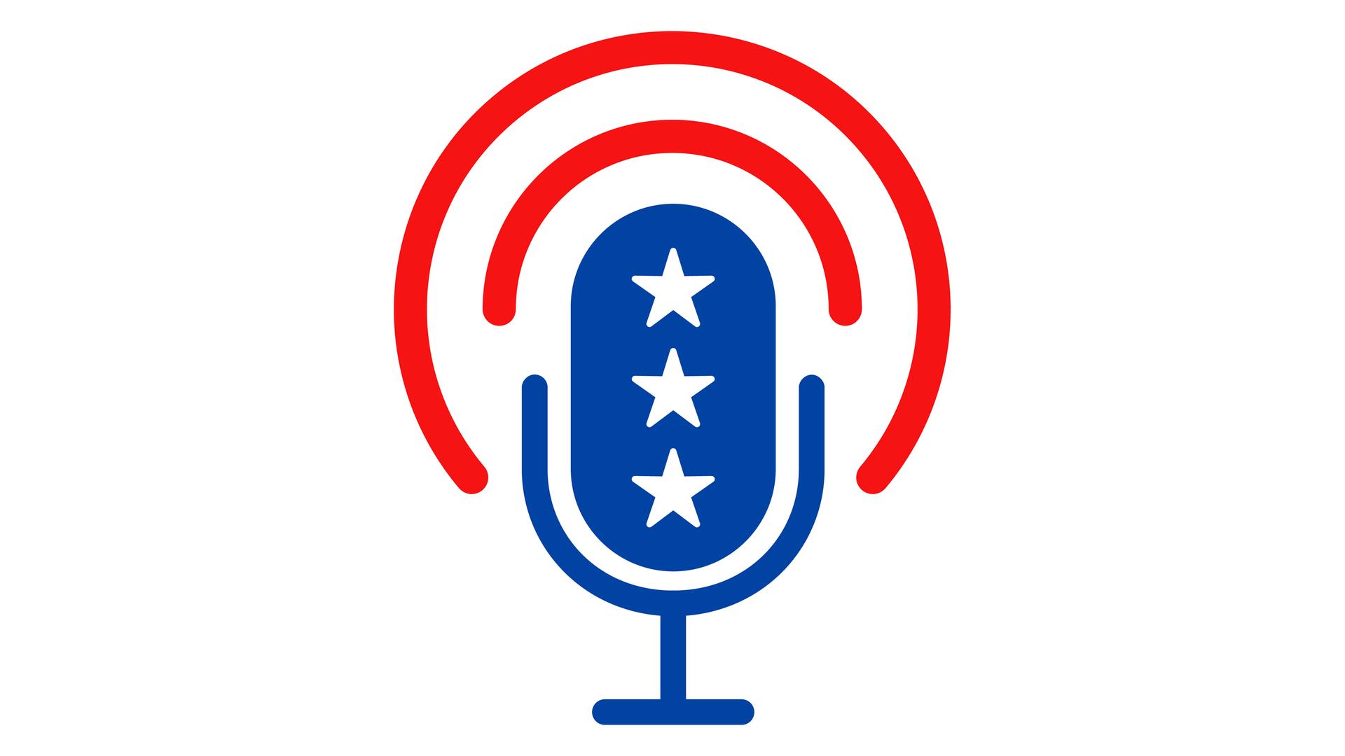 Grafische Darstellung eines Mikrofons auf einem Ständer. Das Mikrofon ist in den Farben und Sternen der US-Flagge gehalten. 