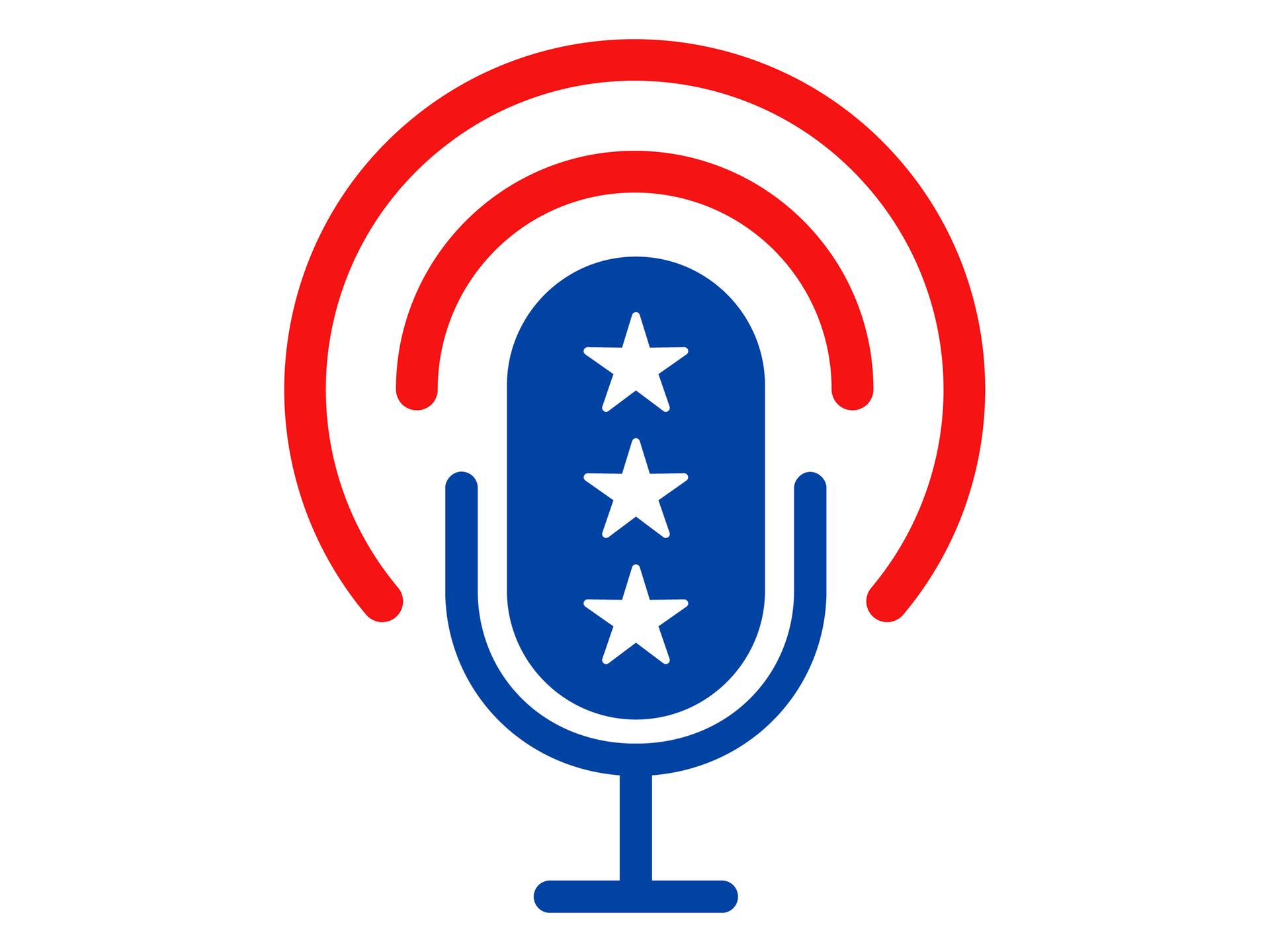 Grafische Darstellung eines Mikrofons auf einem Ständer. Das Mikrofon ist in den Farben und Sternen der US-Flagge gehalten. 