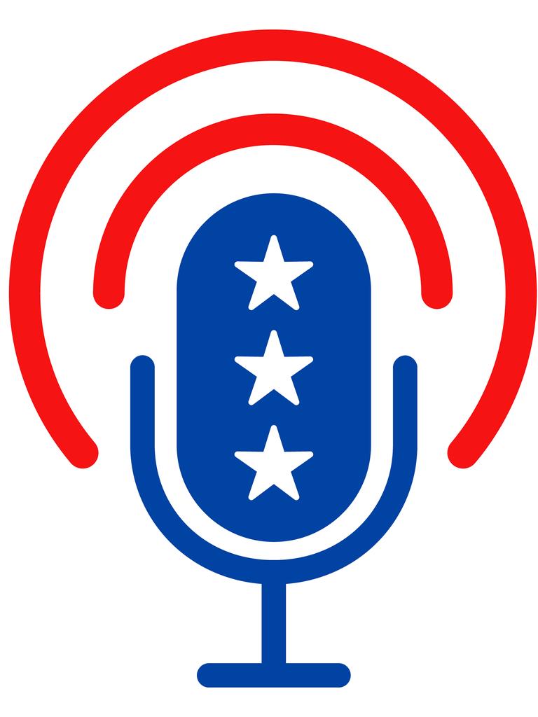 Grafische Darstellung eines Mikrofons auf einem Ständer. Das Mikrofon ist in den Farben und Sternen der US-Flagge gehalten. 