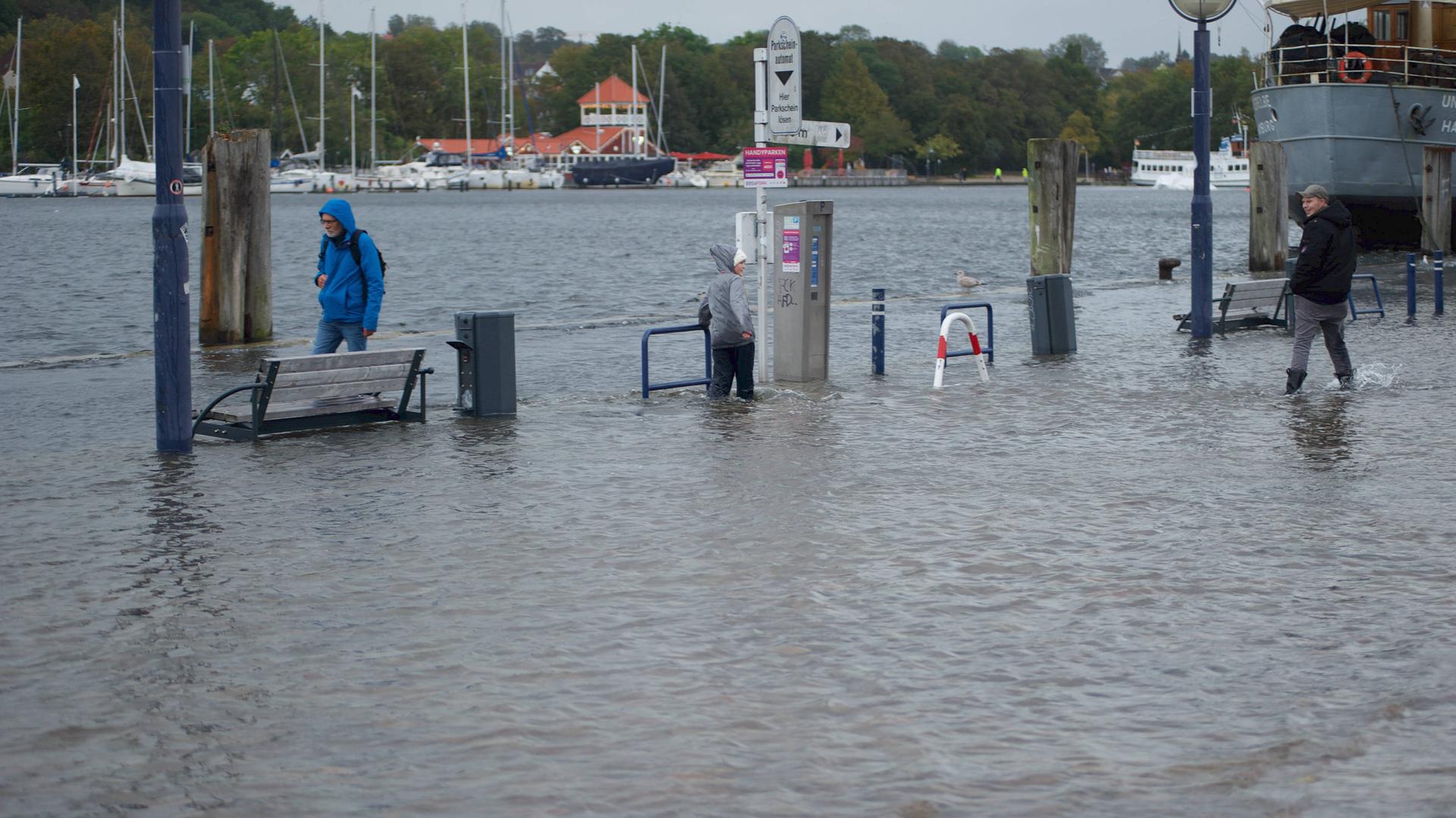 Im Hafen von Flensburg ist das Wasser über die Kaikante gestiegen. Zwei Männer waten durch das Wasser. Eine Bank steht bis zur Sitzfläche im Wasser.