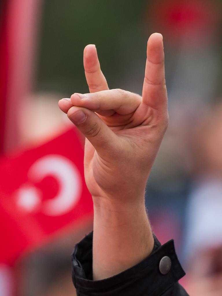 Eine Hand zeigt den "Wolfsgruß" der Grauen Wölfe.
