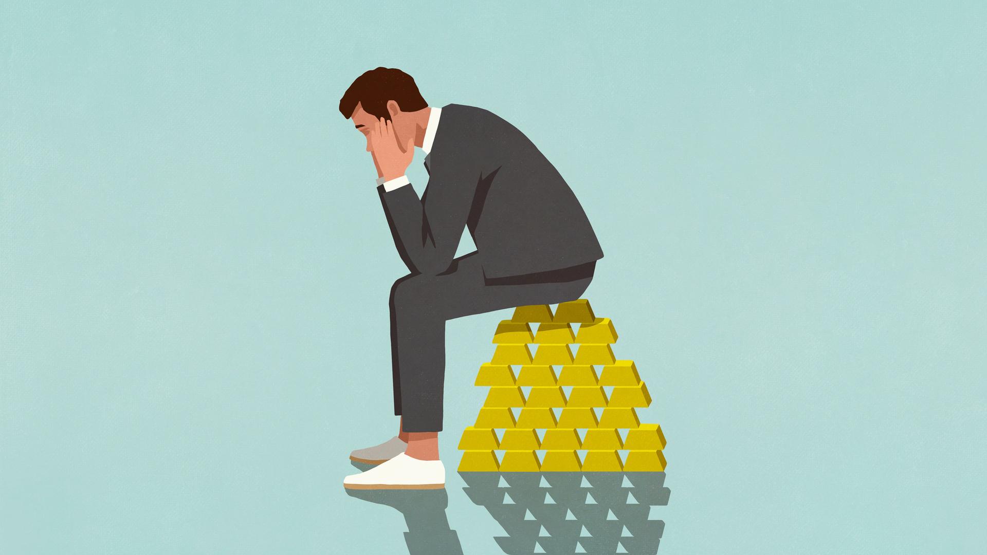 Illustration: Eine Mann sitzt besorgt auf einem Haufen Goldbarren.