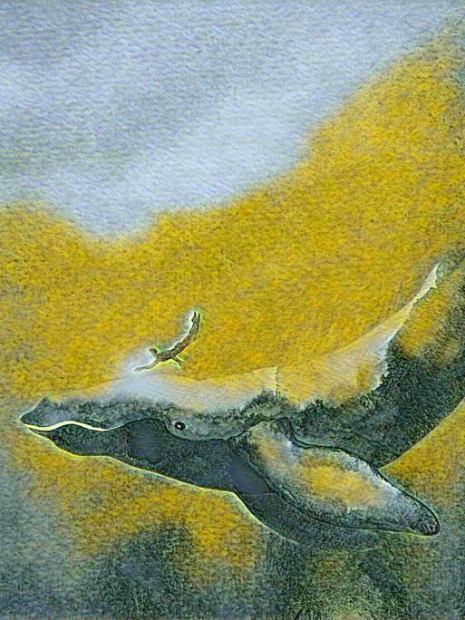 Illustration eines Wals und eines Menschen, die gemeinsam unter Wasser tauchen