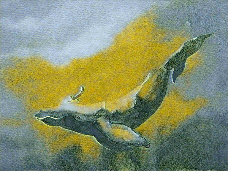 Illustration eines Wals und eines Menschen, die gemeinsam unter Wasser tauchen