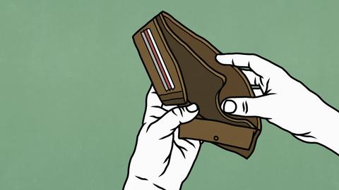Die Illustration zeigt Hände, die eine leere Geldbörse öffnen.