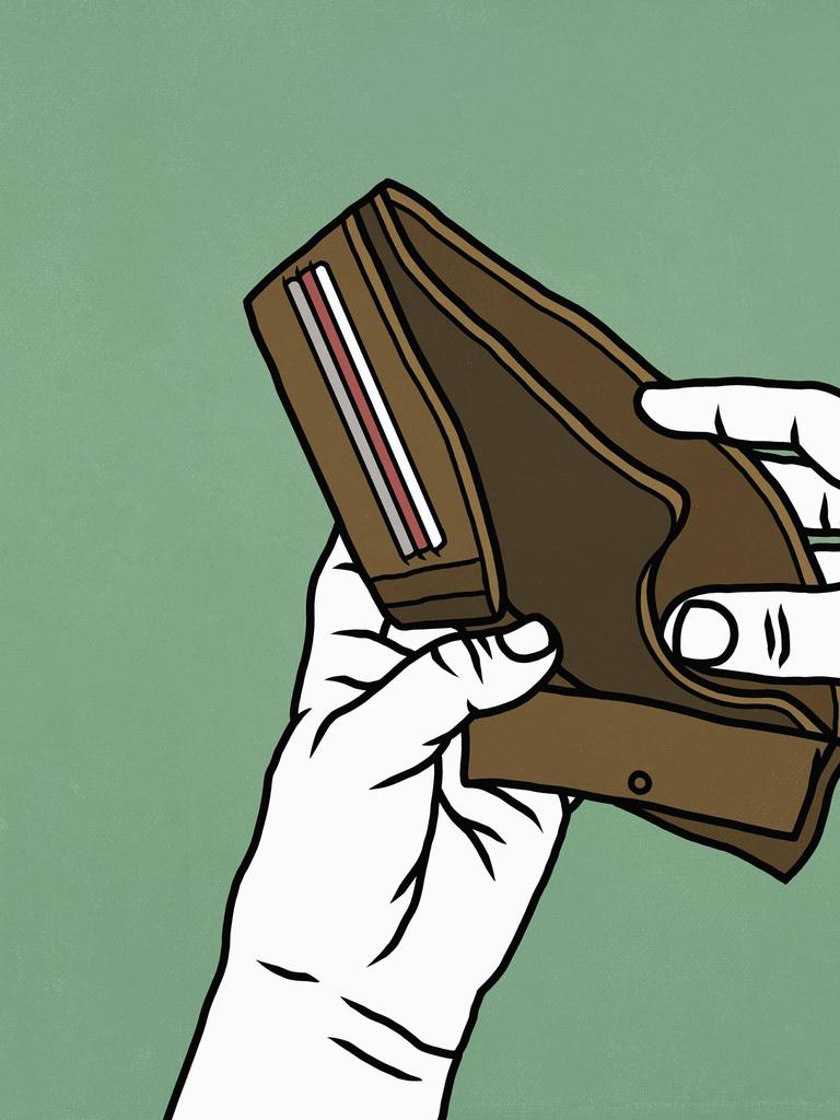 Die Illustration zeigt Hände, die eine leere Geldbörse öffnen.