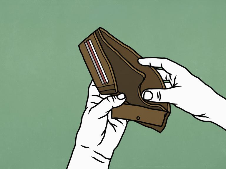 Die Illustration zeigt Hände, die eine leere Geldbörse öffnen.