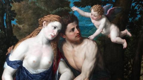 Das Kunstwerk "A Pair of Lovers" des Malers Paris Bordone zeigt ein halb entbößtes Liebespaar mit Engelskind