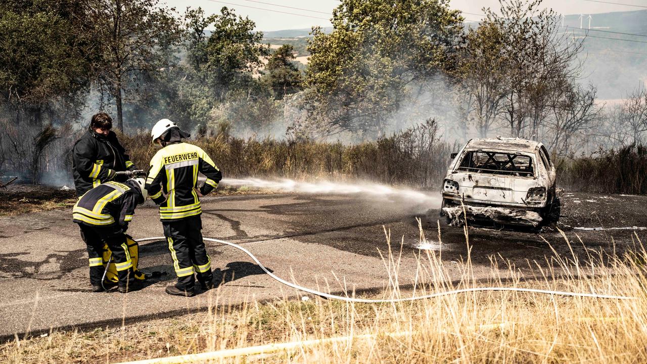 Feuerwehrleute löschen ein in Brand geratenes Auto. Ein Wald- und Vegetationsbrand ist bei Reichenbach ausgebrochen. Auslöser war nach Angaben der Einsatzleitung ein in Brand geratenes Auto, von dem sich das Feuer rasant im Gelände ausbreitete.
