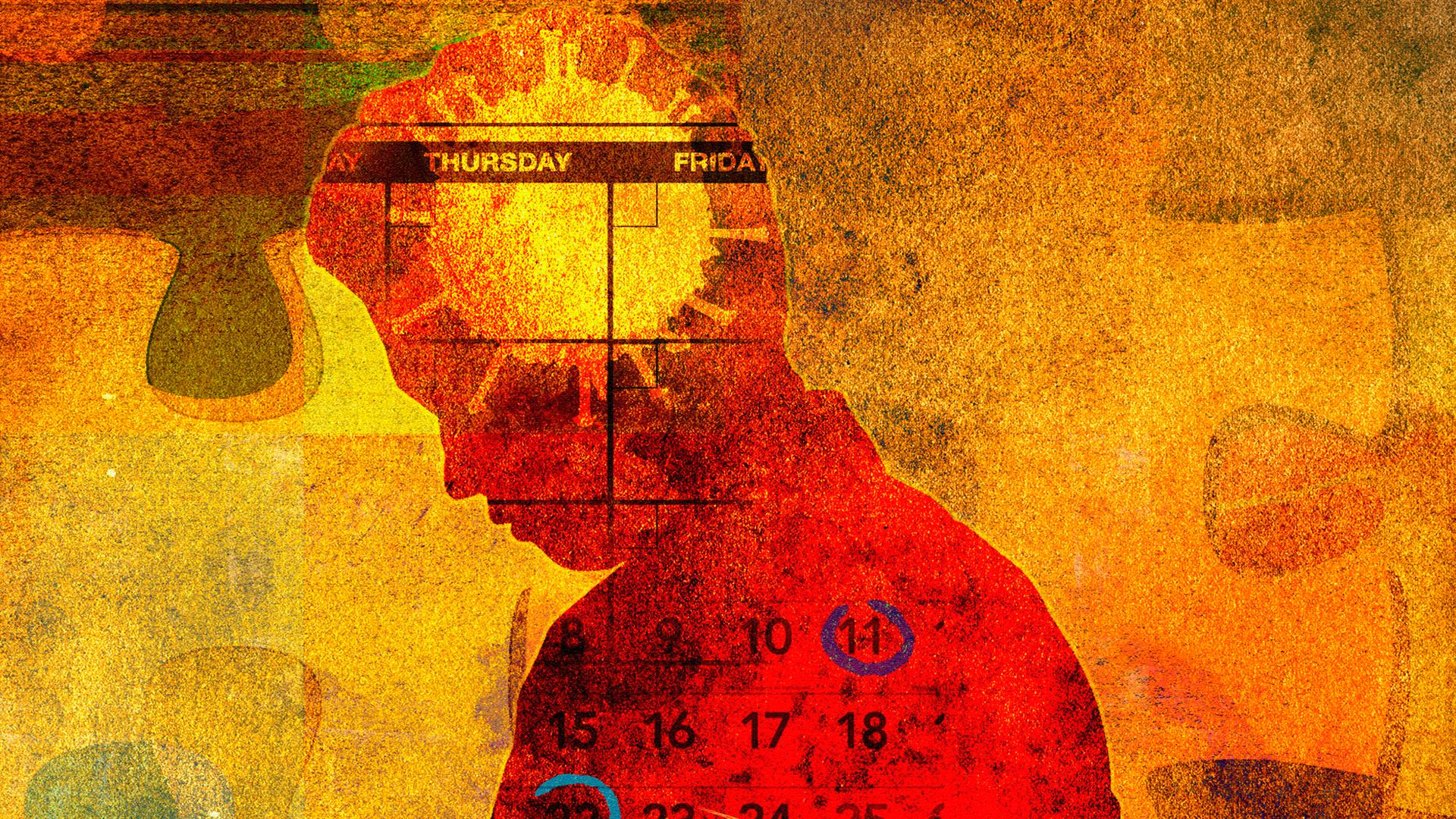 Die Illustration zeigt einen traurigen Mann, der über das Coronavirus und Daten im Kalender nachdenkt. 