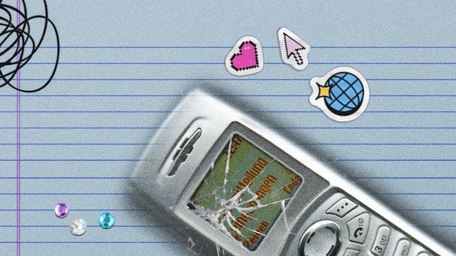 Ein Handy mit zerbrochenem Display liegt auf einem linierten Blatt Papier, daneben ein Herzchen, ein Mauscursor und Glitzersteine