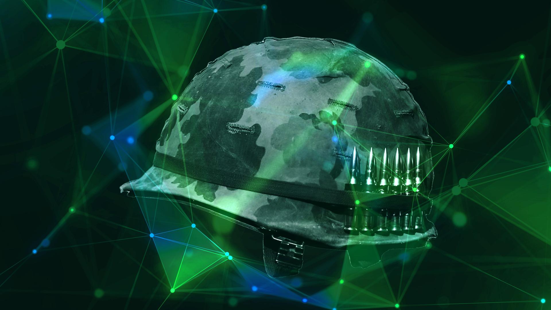 3D-Illustration eines Tarnhelmes mit Camouflage Muster über den sich ein digitales Netzwerk spannt. Im Vordergrund sind Patronenhülsen zu sehen.
