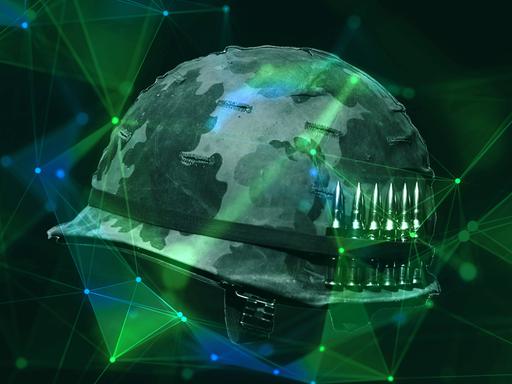 3D-Illustration eines Tarnhelmes mit Camouflage Muster über den sich ein digitales Netzwerk spannt. Im Vordergrund sind Patronenhülsen zu sehen. 3D-Illustration eines Tarnhelmes mit Camouflage Muster über den sich ein digitales Netzwerk spannt. Im Vordergrund sind Patronenhülsen zu sehen.