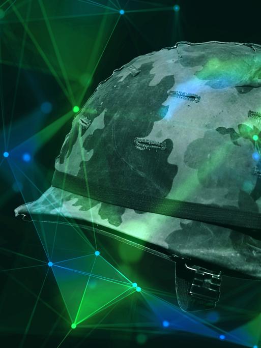 3D-Illustration eines Tarnhelmes mit Camouflage Muster über den sich ein digitales Netzwerk spannt. Im Vordergrund sind Patronenhülsen zu sehen. 3D-Illustration eines Tarnhelmes mit Camouflage Muster über den sich ein digitales Netzwerk spannt. Im Vordergrund sind Patronenhülsen zu sehen.