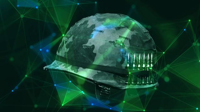 3D-Illustration eines Tarnhelmes mit Camouflage Muster über den sich ein digitales Netzwerk spannt. Im Vordergrund sind Patronenhülsen zu sehen.