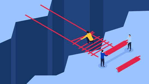 Illustration mehrer Personen, die gemeinsam eine rote Leiter bauen, die über einen tiefen Abgrund führt.