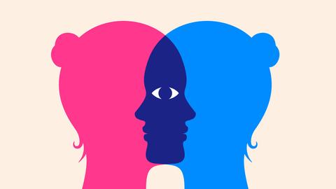 Illustration zweier einander im Gesichtsbereich überlappender Köpfe im Profil, die sich ein Auge teilen.