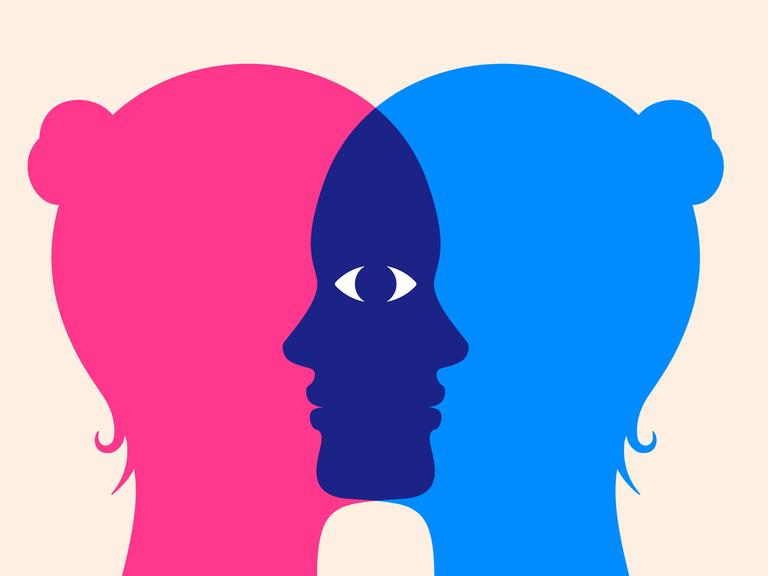 Illustration zweier einander im Gesichtsbereich überlappender Köpfe im Profil, die sich ein Auge teilen.