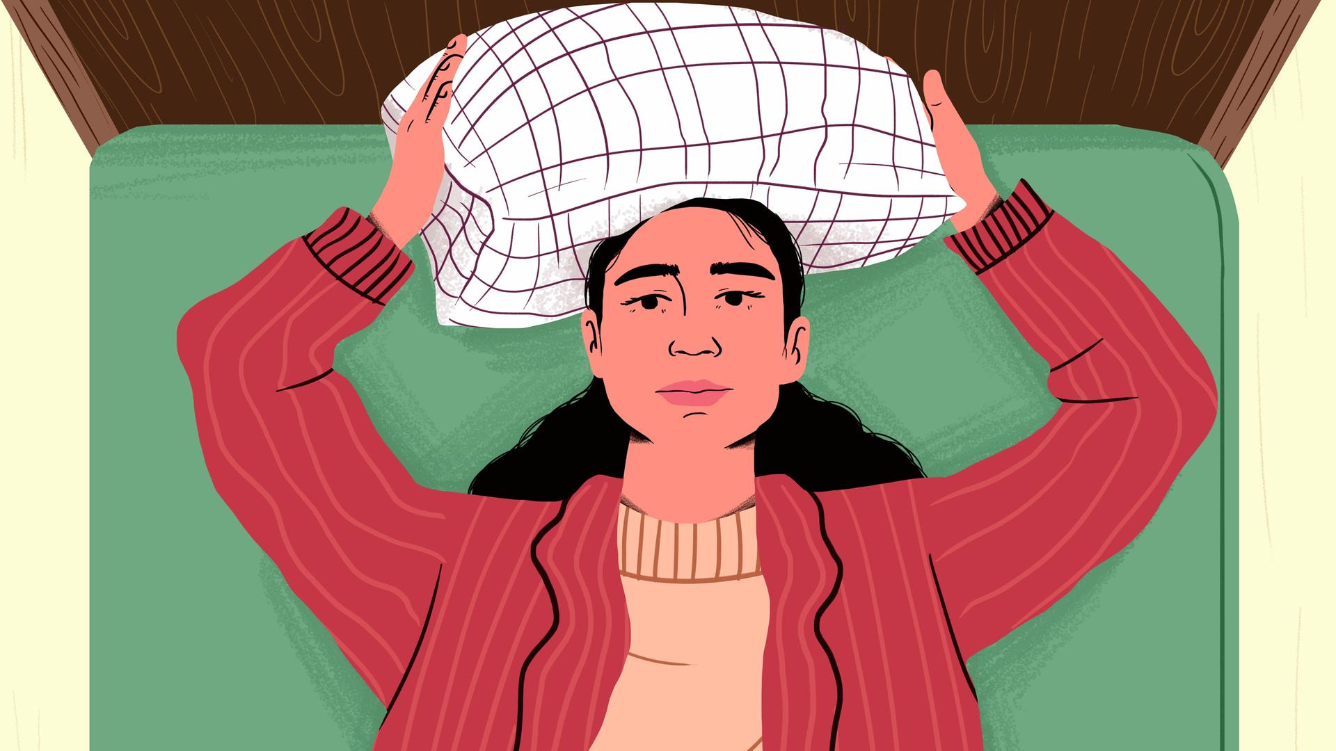 Illustration einer Frau, die auf einem Bett liegt und sich ein Kissen über den Kopf hält. Illustration einer Frau, die auf einem Bett liegt und sich ein Kissen über den Kopf hält.