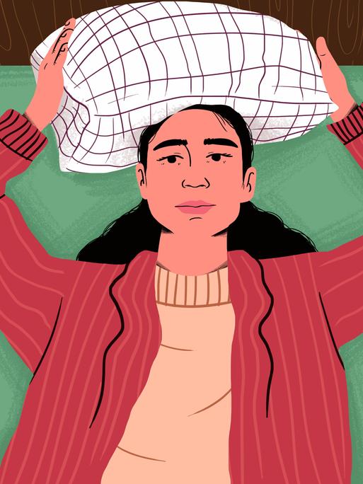 Illustration einer Frau, die auf einem Bett liegt und sich ein Kissen über den Kopf hält.