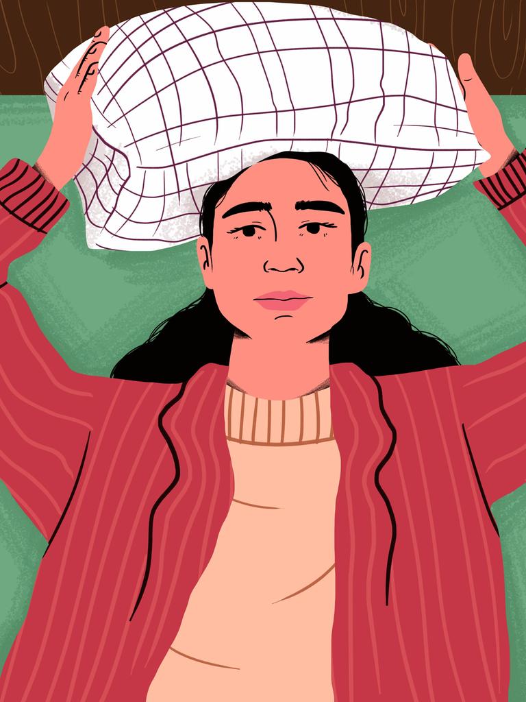 Illustration einer Frau, die auf einem Bett liegt und sich ein Kissen über den Kopf hält.