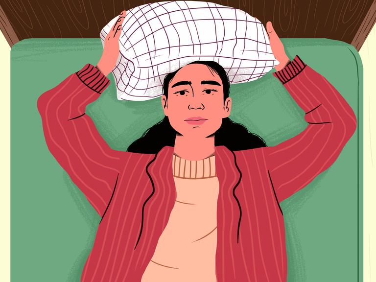 Illustration einer Frau, die auf einem Bett liegt und sich ein Kissen über den Kopf hält.