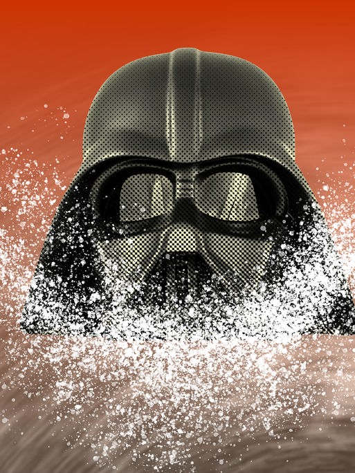 Collage einer Darth Vader Maske vor der weißer Staub, der an pulverige Drogen erinnert, schwebt.
