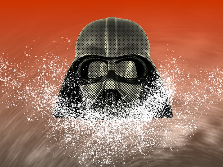 Collage einer Darth Vader Maske vor der weißer Staub, der an pulverige Drogen erinnert, schwebt.
