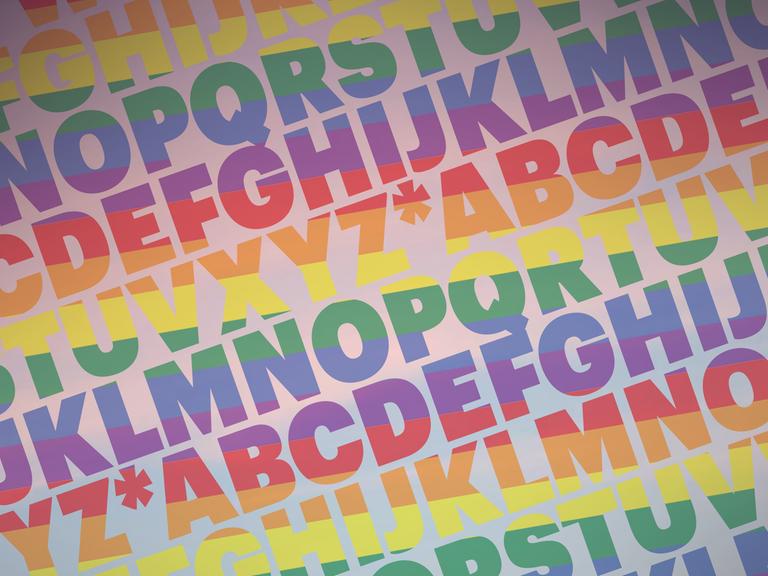 Die Buchstaben des Alphabets in Regenbogenfarben füllen das Bild aus.