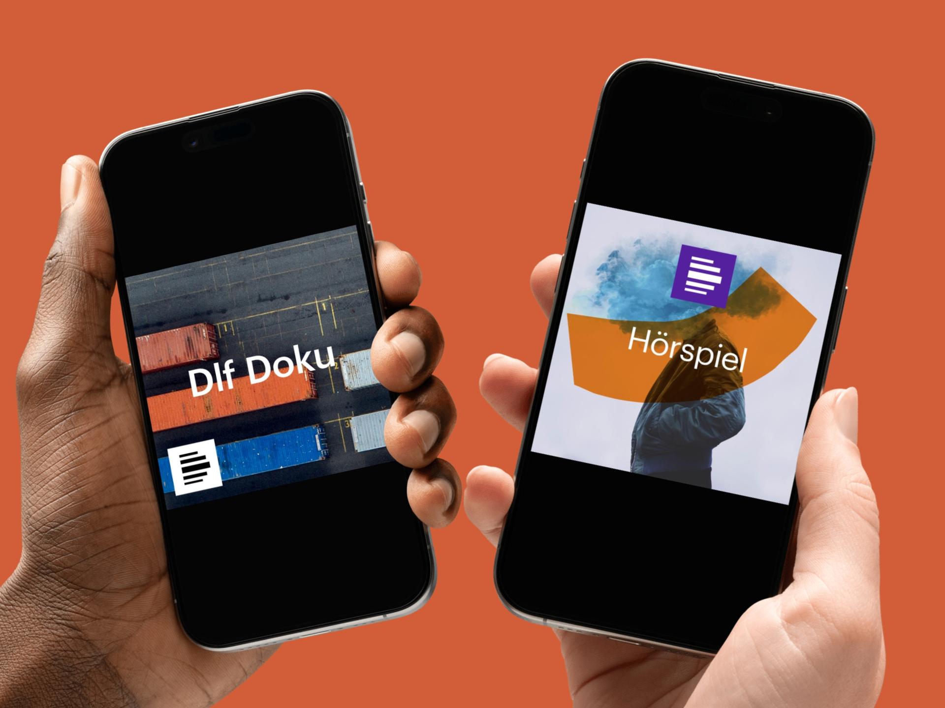 Zwei Handys von zwei Händen gehalten, auf den Displays sieht man die Logos von Deutschlandradio-Podcasts, Dlf Doku und Hörspiel