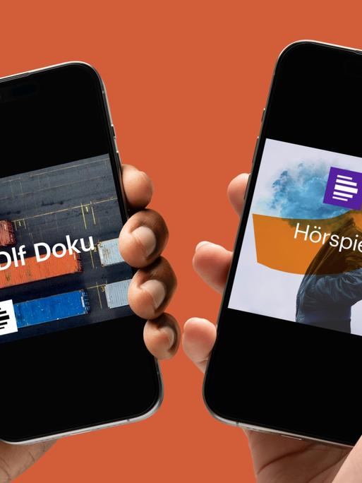 Zwei Handys von zwei Händen gehalten, auf den Displays sieht man die Logos von Deutschlandradio-Podcasts, Dlf Doku und Hörspiel