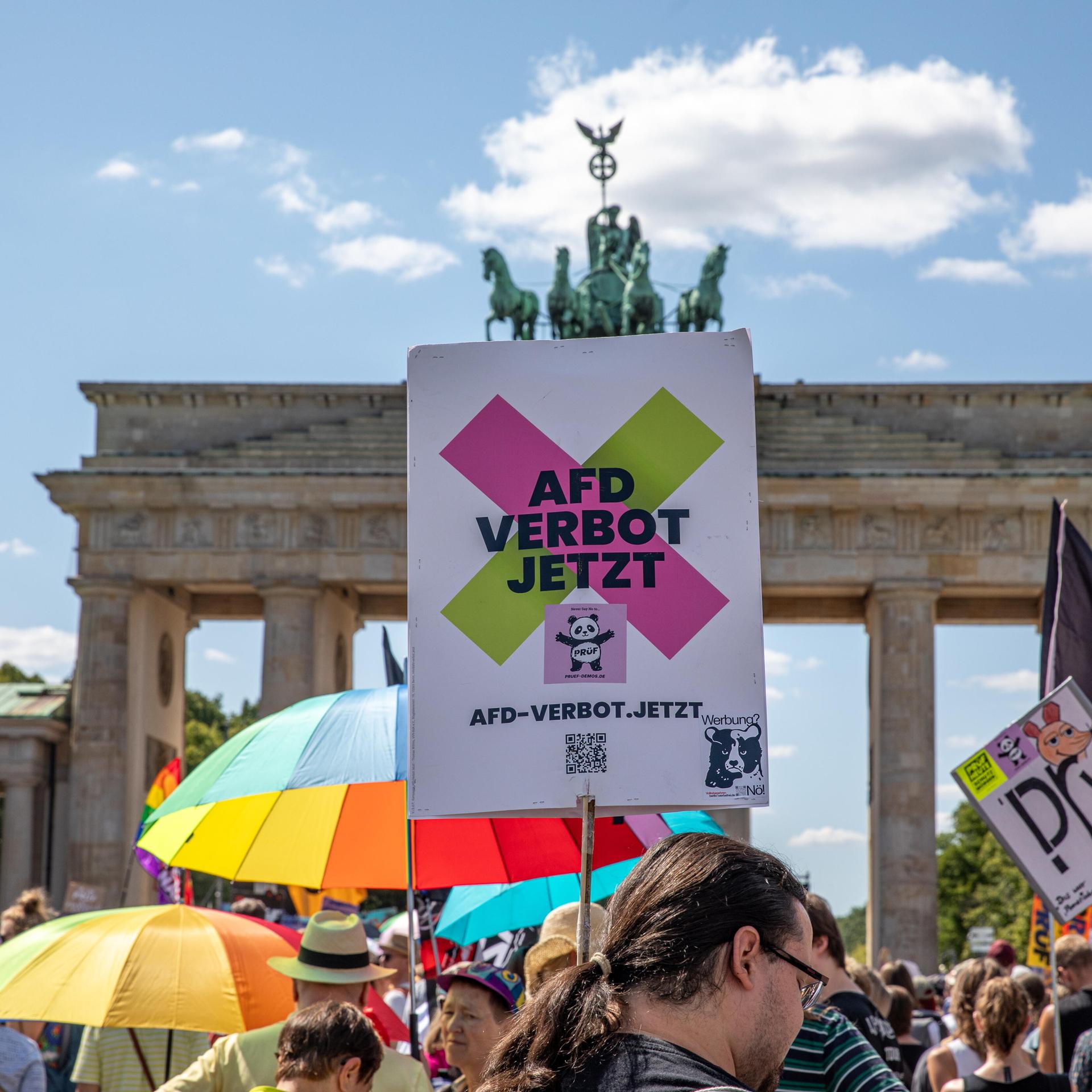 Das Bild zeigt ein Protestschild. Darauf steht "AFD VERBOT JETZT". Im Hintergrund ist das Brandenburger Tor in Berlin zu erkenen.