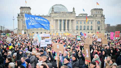 Blick auf eine große Menschenmenge mit Fahnen, Plakaten und Schildern. Im Hintergrund das Reichstagsgebäude.