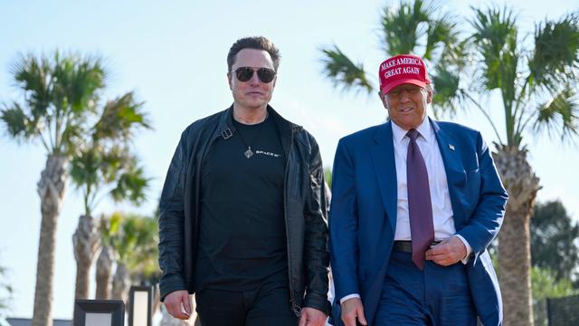 Donald Trump und Elon Musk laufen unter Palmen nebeneinander her. 