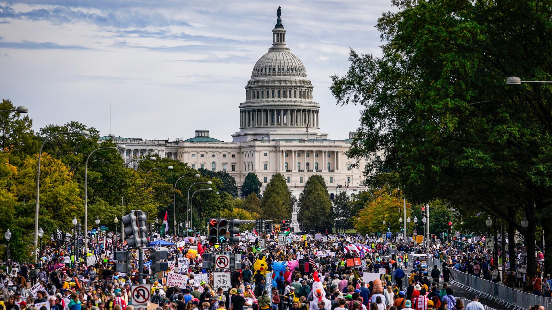 Demonstranten auf einer Straße in Washington D.C. Viele halten Transparente hoch. Im Hintergrund ist das Kapitol. Demonstranten auf einer Straße in Washington D.C. Viele halten Transparente hoch. Im Hintergrund ist das Kapitol.
