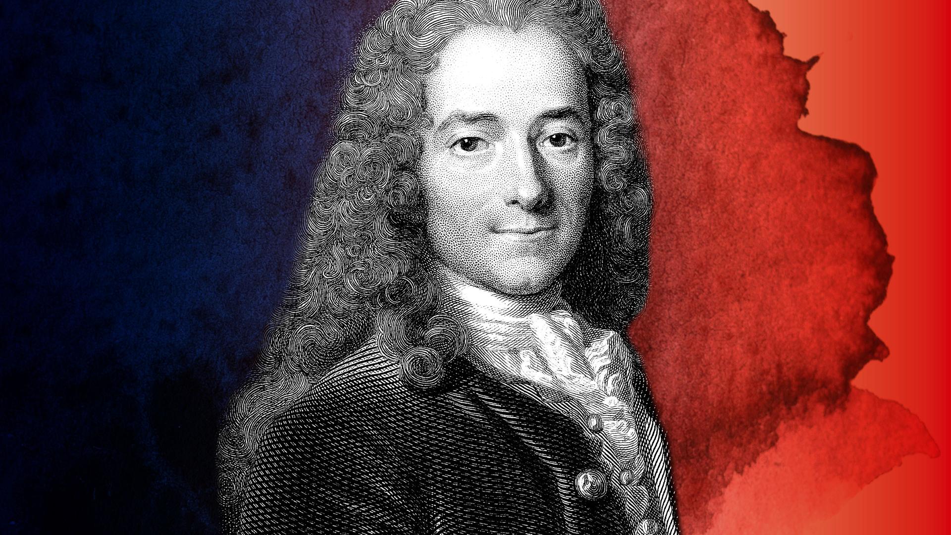 Voltaire vor einem blau-roten Hintergrund.