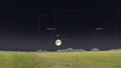 Besonders schöner Aufgang des „blauen“ Mondes: der Ringplanet steht knapp über dem Vollmond, der 5-fach vergrößert dargestellt ist.

