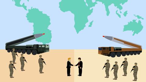 Illustration: Zwei Männer geben sich vor einer großen Weltkarte die Hand, während links und rechts bewaffnete Soldaten stehen und zwei Raketen gegeneinander gerichtet sind.