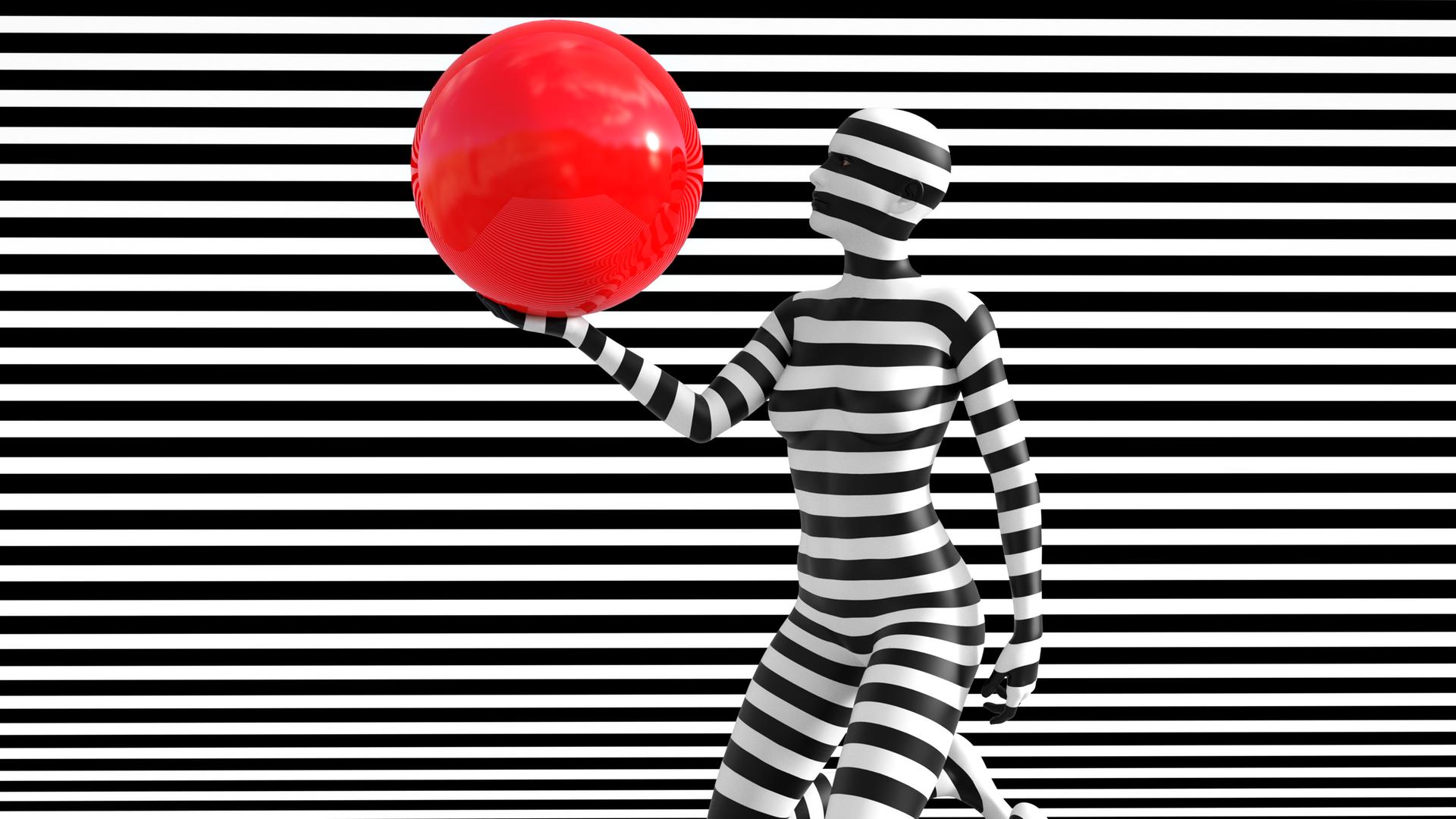 3D-Rendering in schwarz-weiß-gestreift einer Person mit roten Ballon 