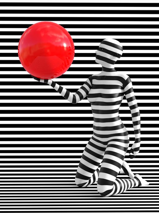 3D-Rendering in schwarz-weiß-gestreift einer Person mit roten Ballon 