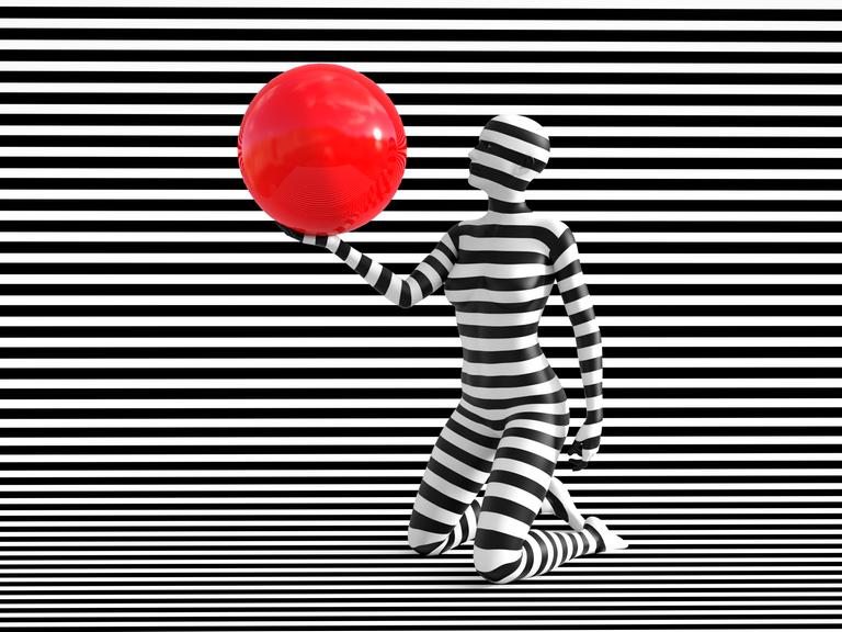 3D-Rendering in schwarz-weiß-gestreift einer Person mit roten Ballon 