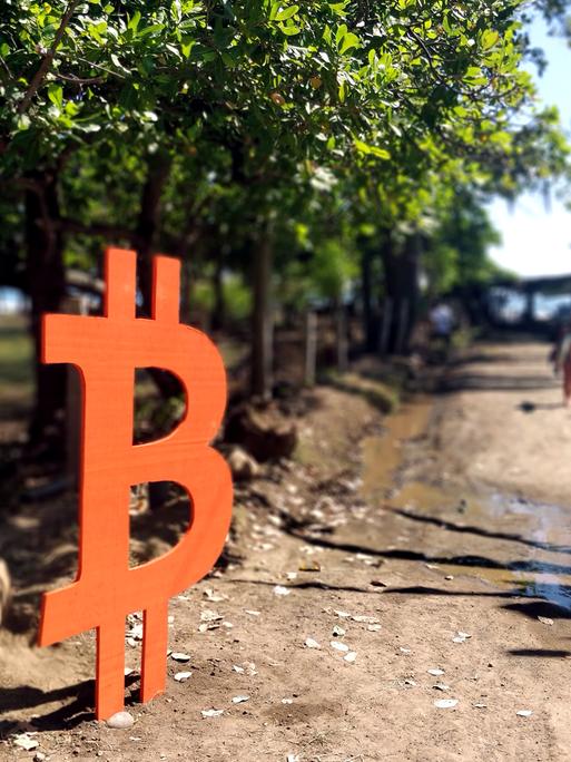 Ein mannshohes Bitcoin-Zeichen steht an einer Straße, die zum Meer führt. 