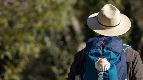 Blick von hinten auf einen Jakobsweg-Wanderer, den das dafür typische Muschelzeichen auf dem Rucksack trägt.