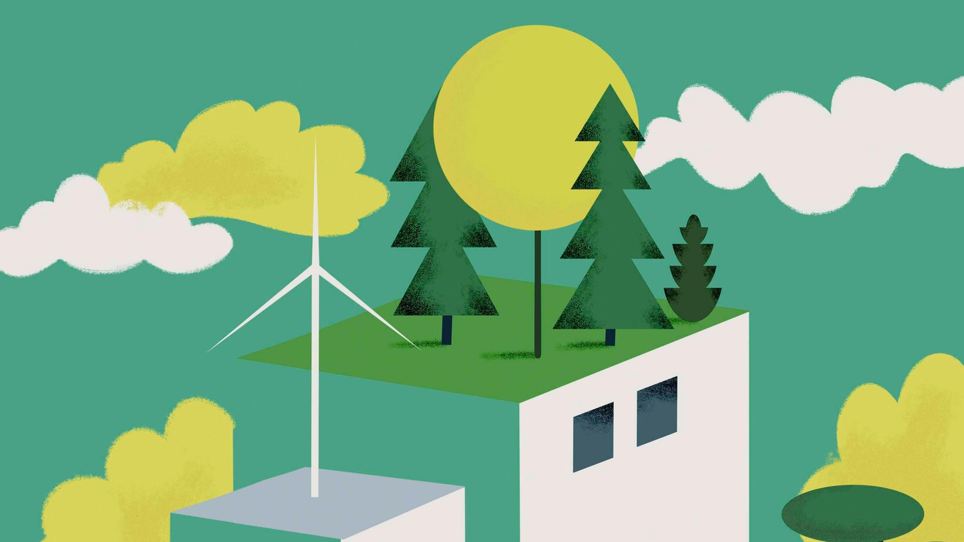 Illustration: Dachgärten und Windenergieanlage auf grünen Gebäuden.